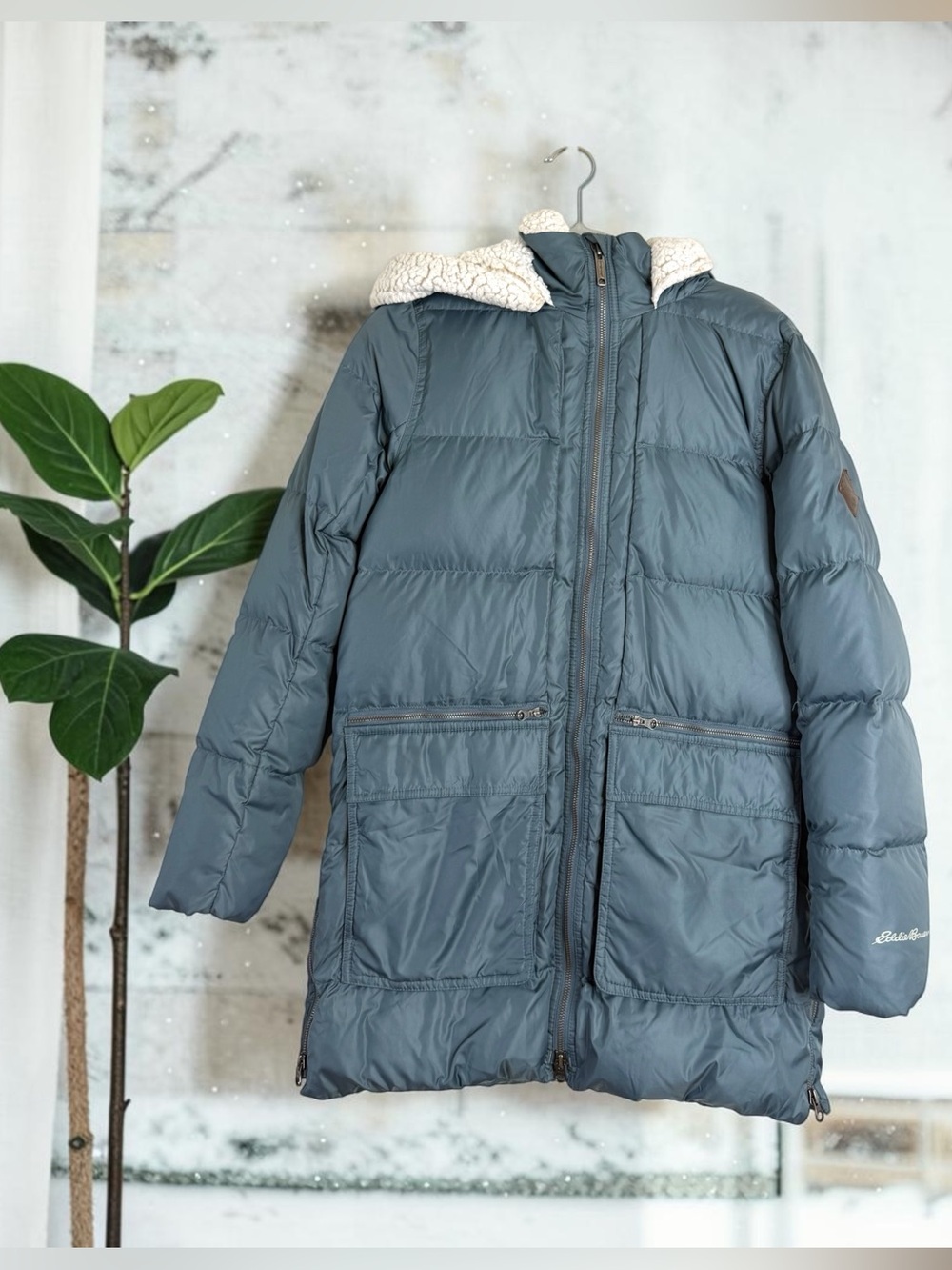 Eddie Bauer Down Puffer Parka Sherpa Lined Hood Long Coat Blue Small